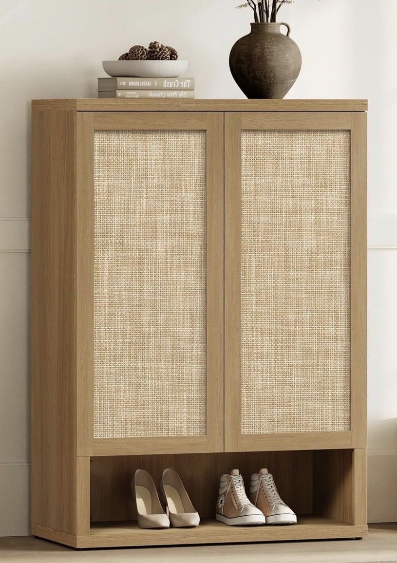 Boho Rattan Shoe Cabinet with Adjustable Shelves - 31.2"W x 44.5"H Wood Storage Organizer