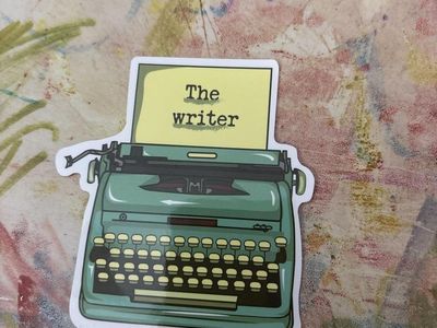 The Writer Vintage Typewriter Vinyl Sticker - Green & Yellow Die-Cut Decal for Laptops, Journals