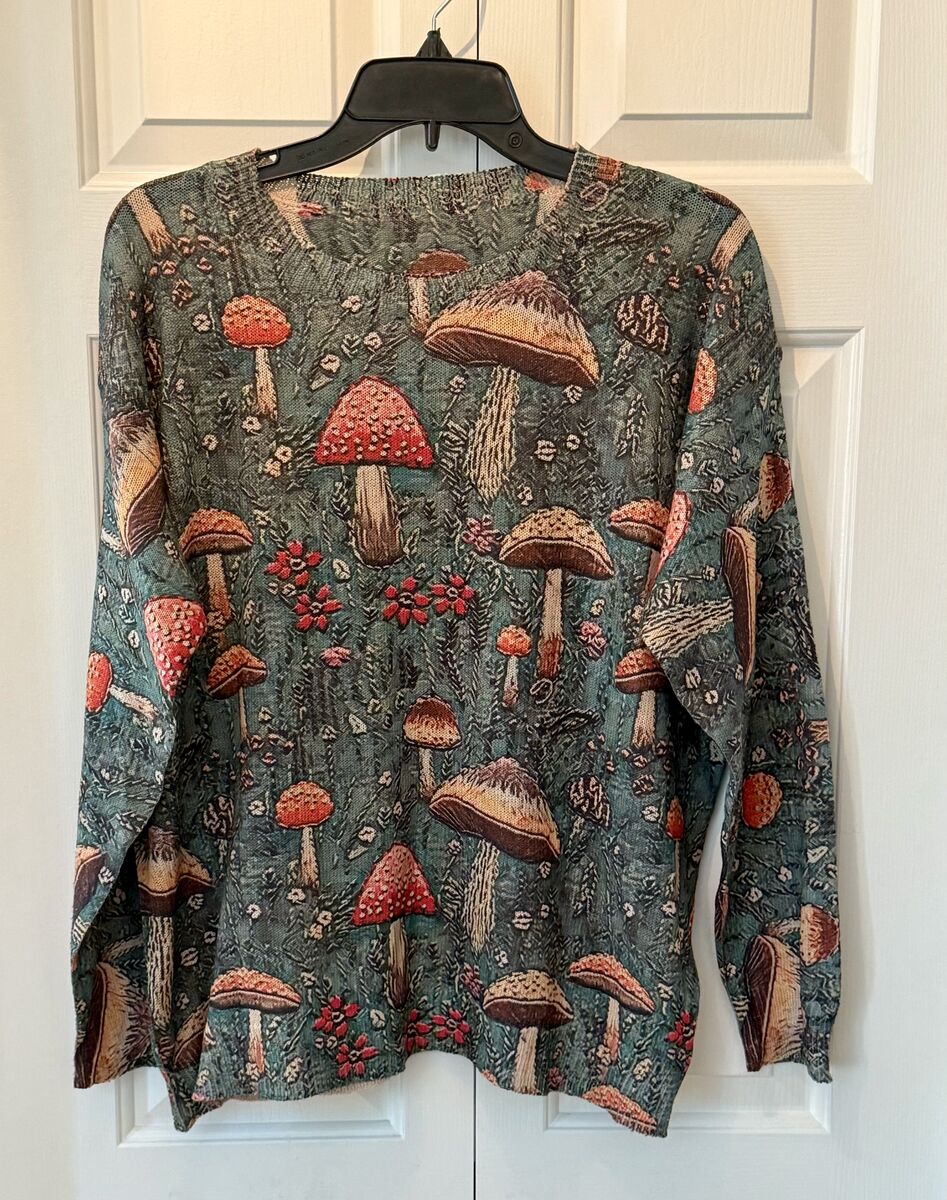 NEW - All Over Mushroom Print Lightweight Sweater on Green Background - Womens SZ XL - C PIX