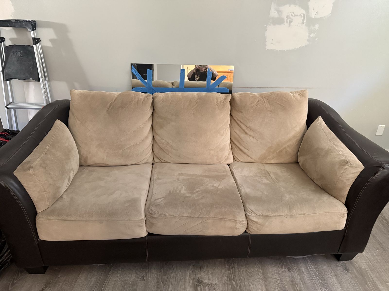 Two-Tone Sofa and Loveseat Set - Brown Faux Leather & Tan Microfiber