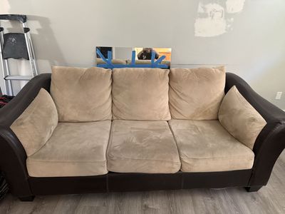 Two-Tone Sofa and Loveseat Set - Brown Faux Leather & Tan Microfiber