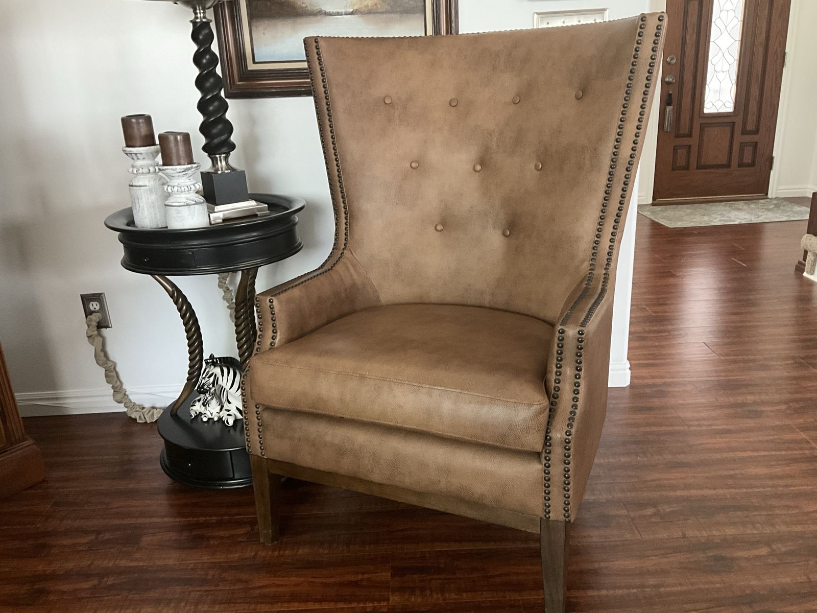Brown Faux Leather Wingback Accent Chair with Nailhead Trim