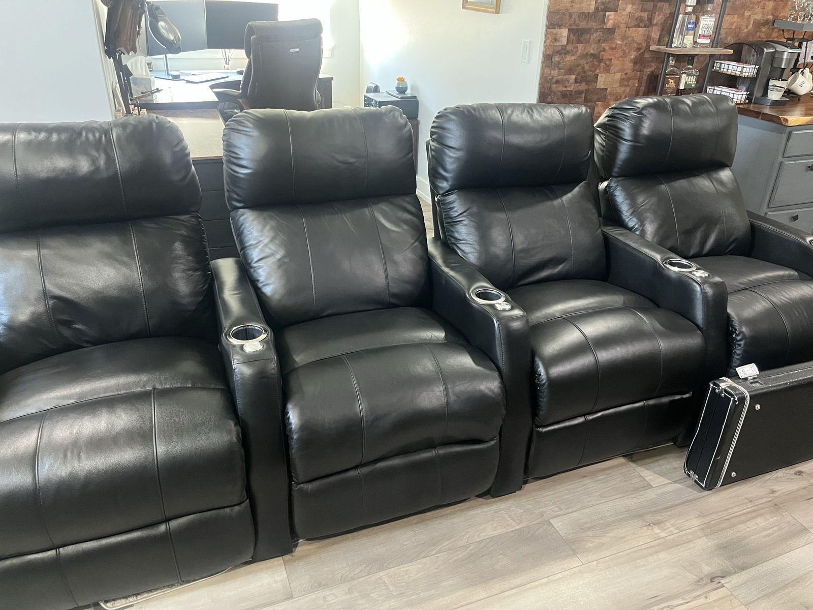 Black Leather 4-Seater Home Theater Reclining Sofa with Cupholders