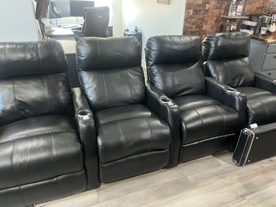 Black Leather 4-Seater Home Theater Reclining Sofa with Cupholders