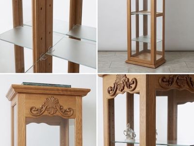 Solid Oak Vintage Curio Cabinet with Glass Shelves and Internal Lighting