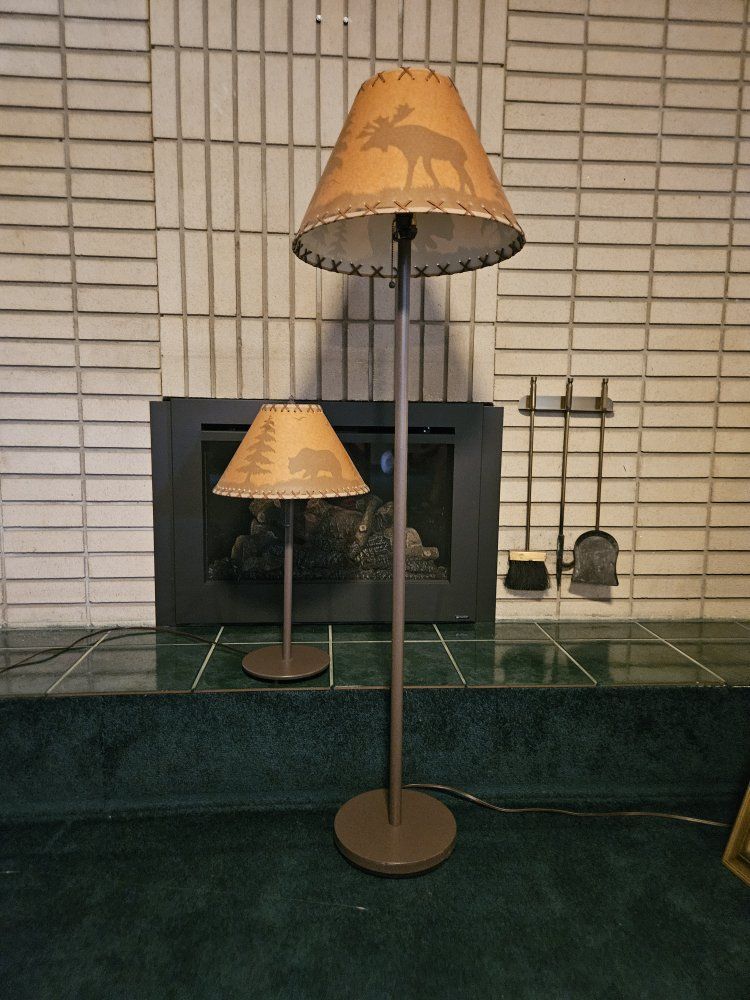 Rustic Lodge Style Floor Lamp and Table Lamp Set with Wildlife Shades