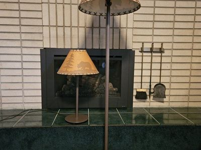 Rustic Lodge Style Floor Lamp and Table Lamp Set with Wildlife Shades