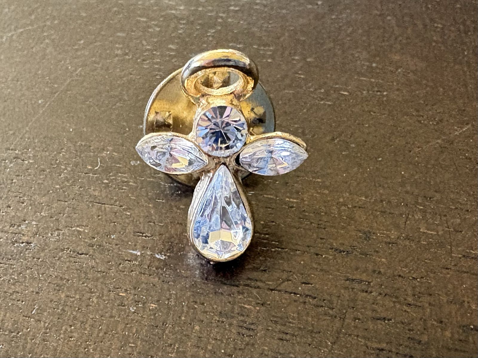 Vintage Angel Pin Gold Tone W/ Clear Stones