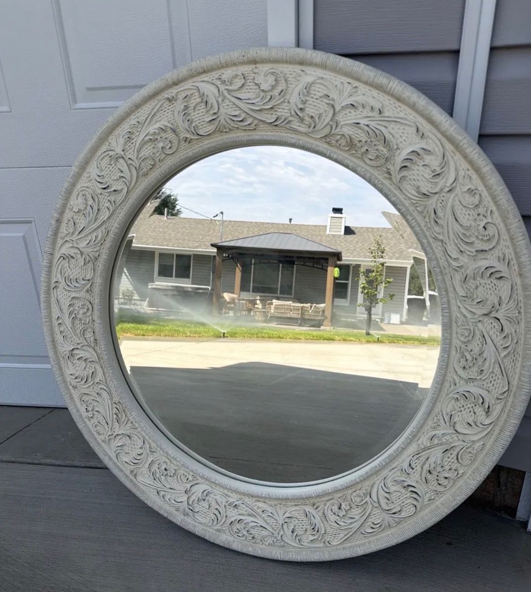 32" Round Ornate Mirror — Carved Scroll Frame, Beveled Glass