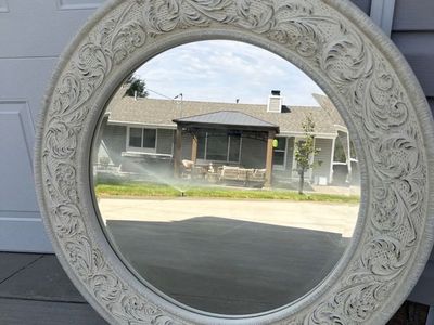 32" Round Ornate Mirror — Carved Scroll Frame, Beveled Glass