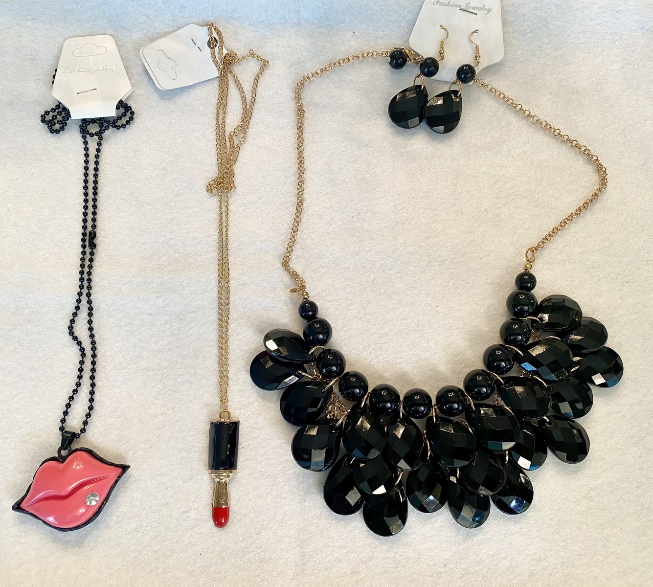 NEW! Black Crystal Statement Necklace & Earrings, Lip and Lipstick Pendant Necklaces