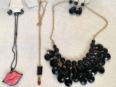 NEW! Black Crystal Statement Necklace & Earrings, Lip and Lipstick Pendant Necklaces