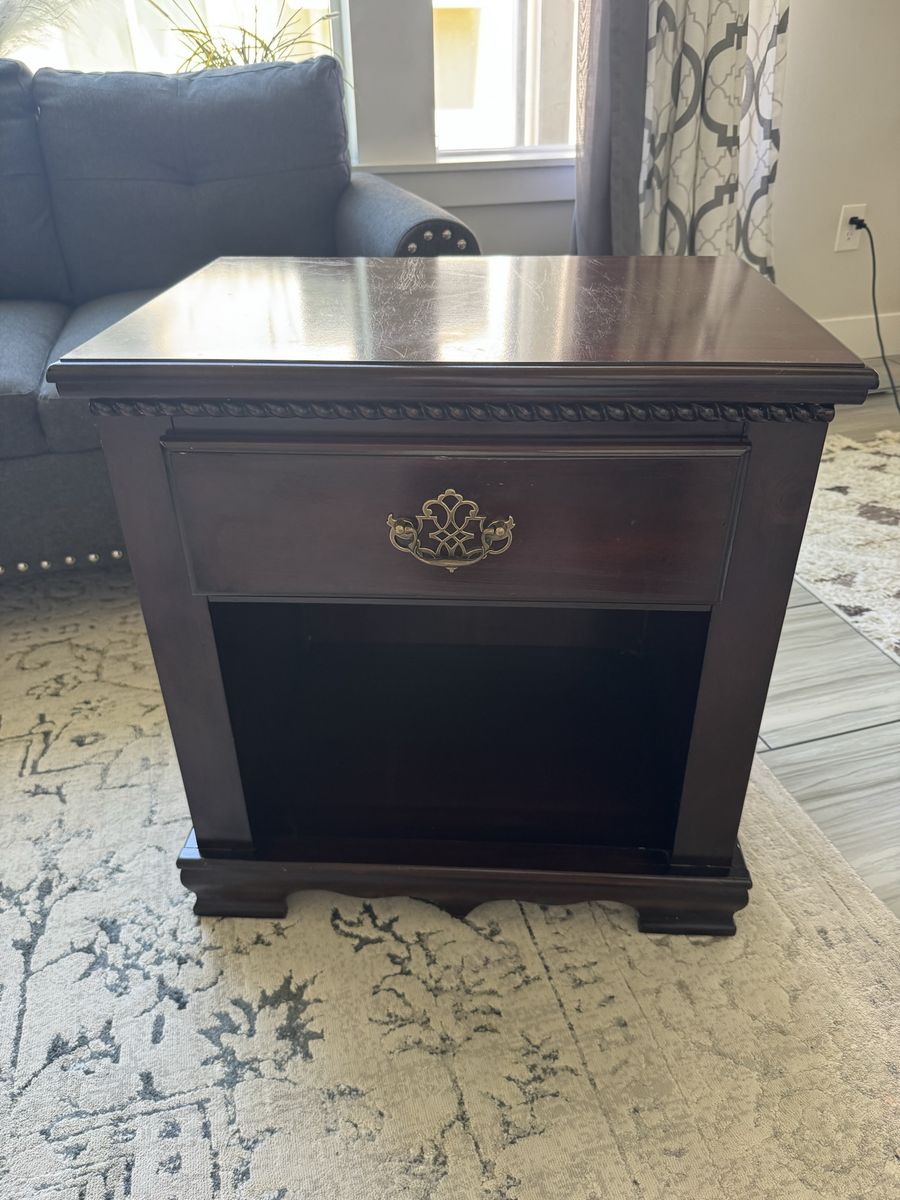 Dark Wood End Table Nightstand with Drawer & Open Shelf