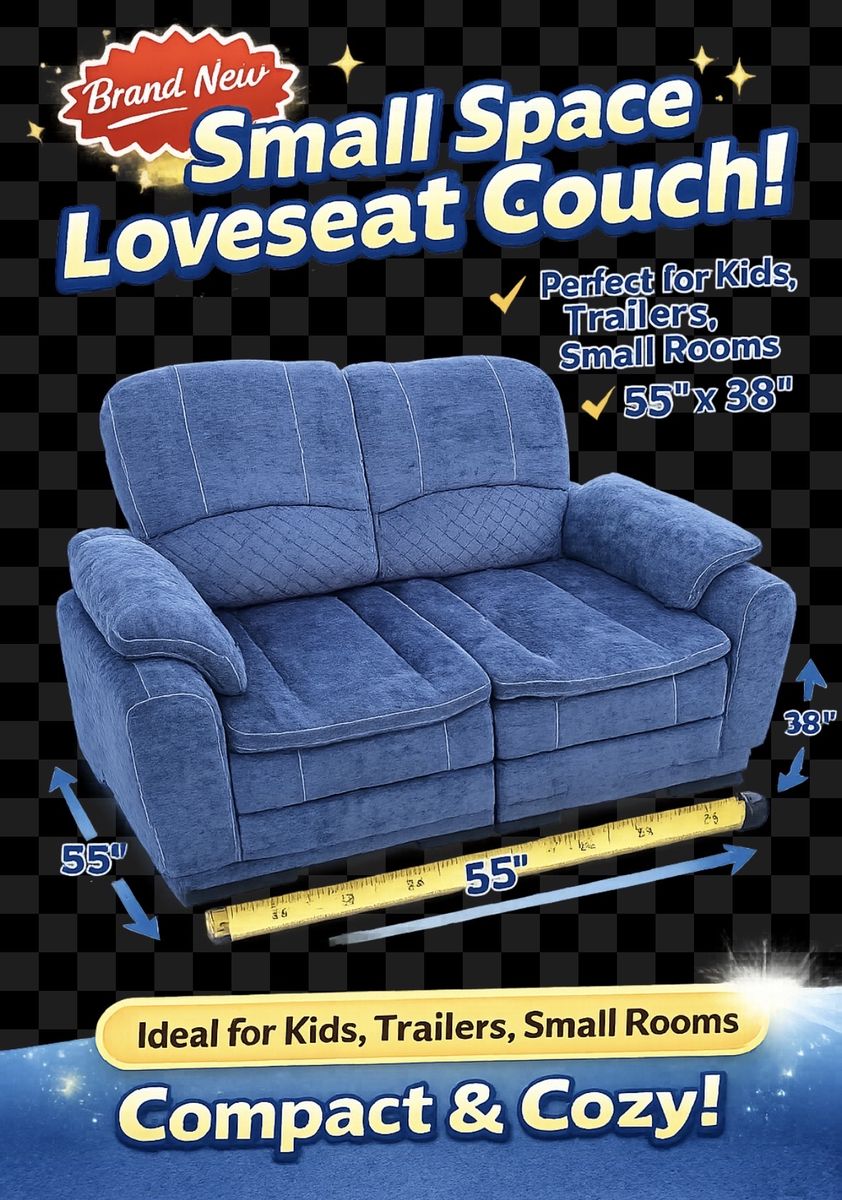 Brand New Small Space Loveseat Couch - Compact 55"x38" Blue Sofa for Kids, RVs, Small Rooms