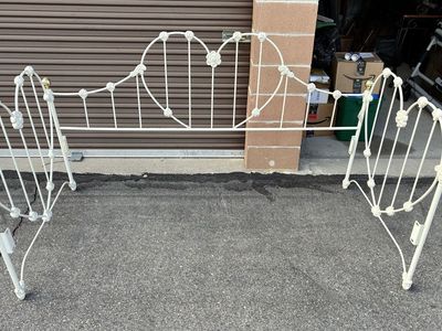 Vintage White Metal Wrought Iron Headboard with Gold Finials - Day Bed