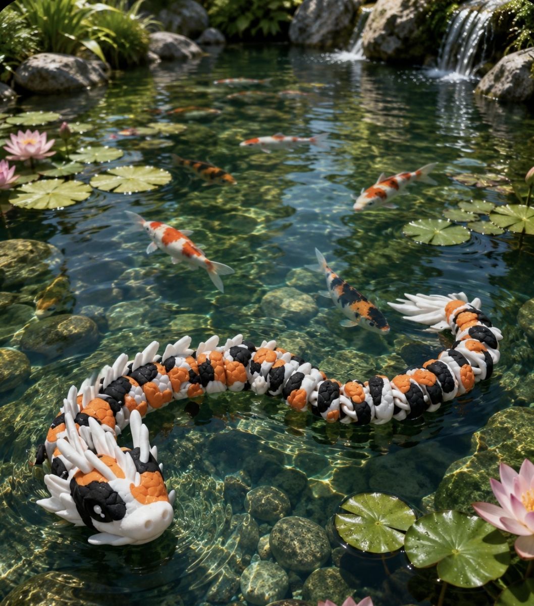 Articulated Koi Dragon Fidget Toy - Flexible 3D Printed Orange Black White