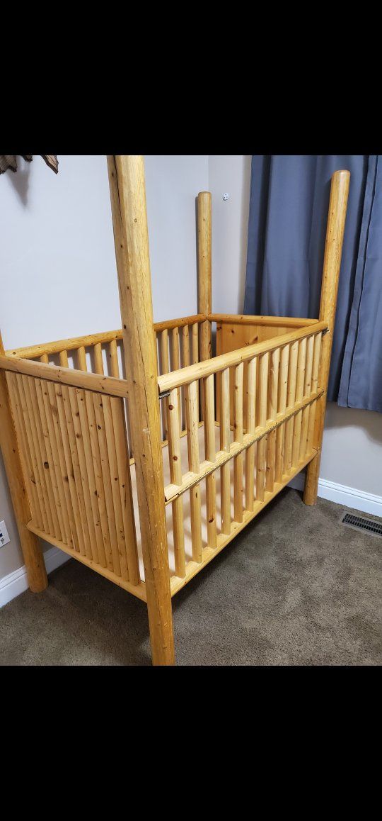 Rustic Wooden Baby Crib - Natural Log Design, Sturdy & Unique Nursery Furniture (comes with very nice mattress
