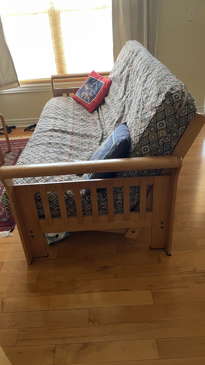 Wooden Futon Frame with Patterned Mattress - Versatile Sofa Bed for Guest Room