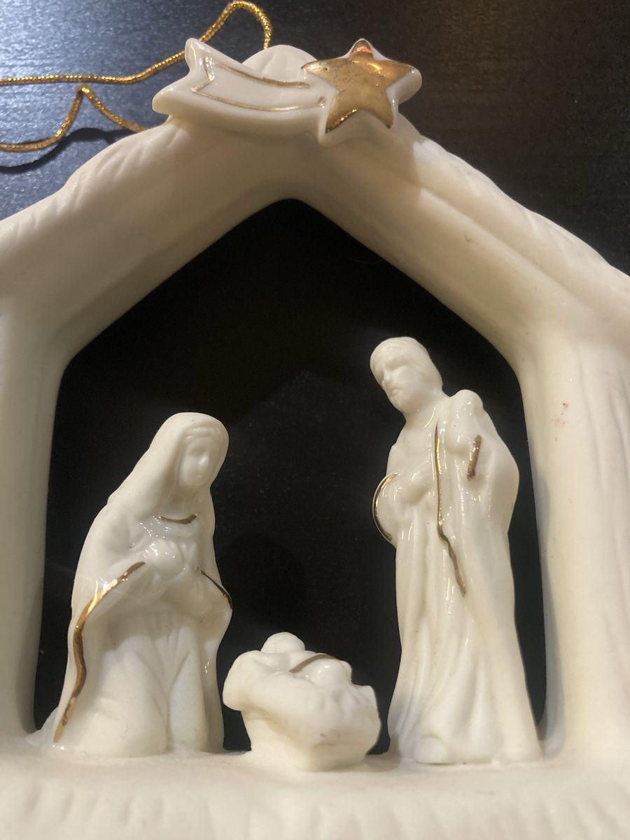 Ceramic Nativity Scene Ornament - White & Gold, Religious Christmas Decor