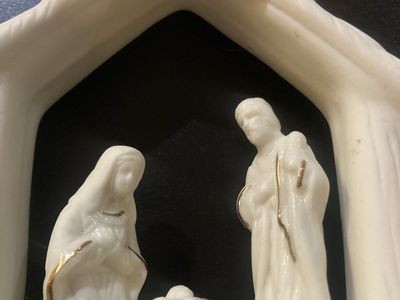 Ceramic Nativity Scene Ornament - White & Gold, Religious Christmas Decor