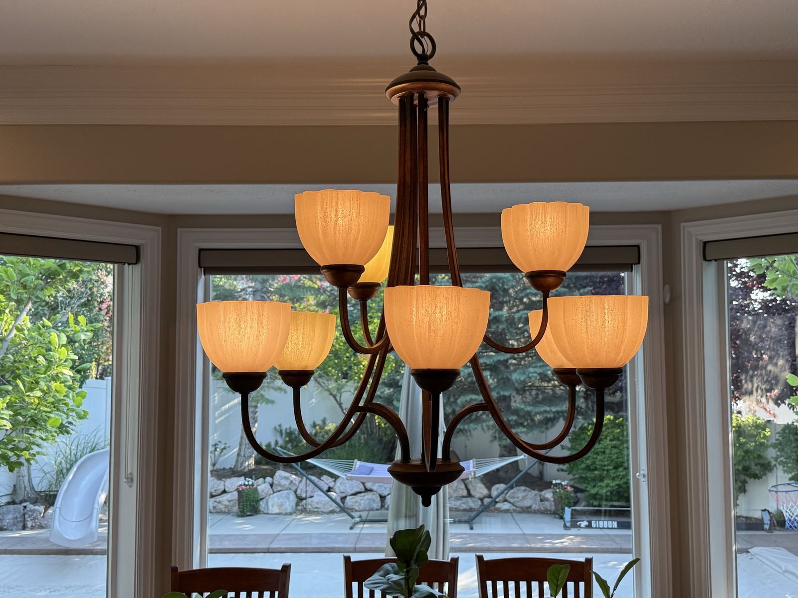 Elegant Bronze Chandelier with Scalloped Frosted Glass Shades - 8-Light Fixture