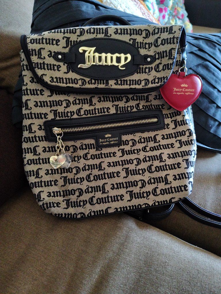 Juicy Couture Black & Tan Logo Backpack with Heart Keychain