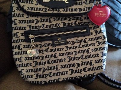 Juicy Couture Black & Tan Logo Backpack with Heart Keychain