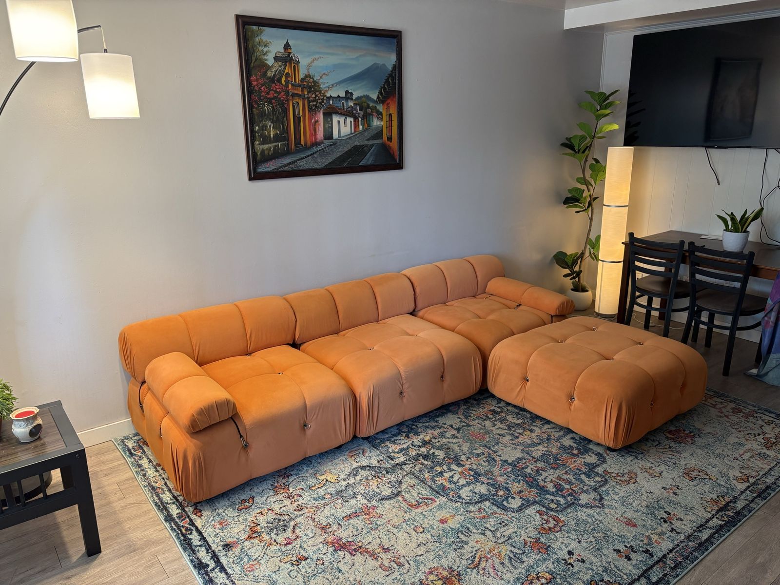 Retro Orange Sectional Sofa with Ottoman
