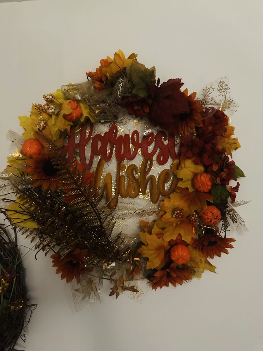 Fall Harvest Wishes Door Wreath with Pumpkins Leaves & Floral Accents