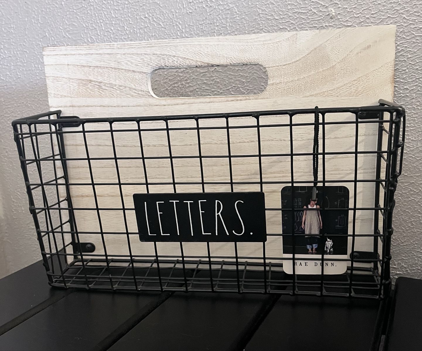Rae Dunn LETTERS Black Metal Wire Mesh Wood Back Mail Holder Wall Organizer