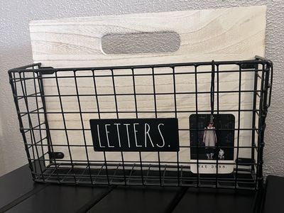 Rae Dunn LETTERS Black Metal Wire Mesh Wood Back Mail Holder Wall Organizer