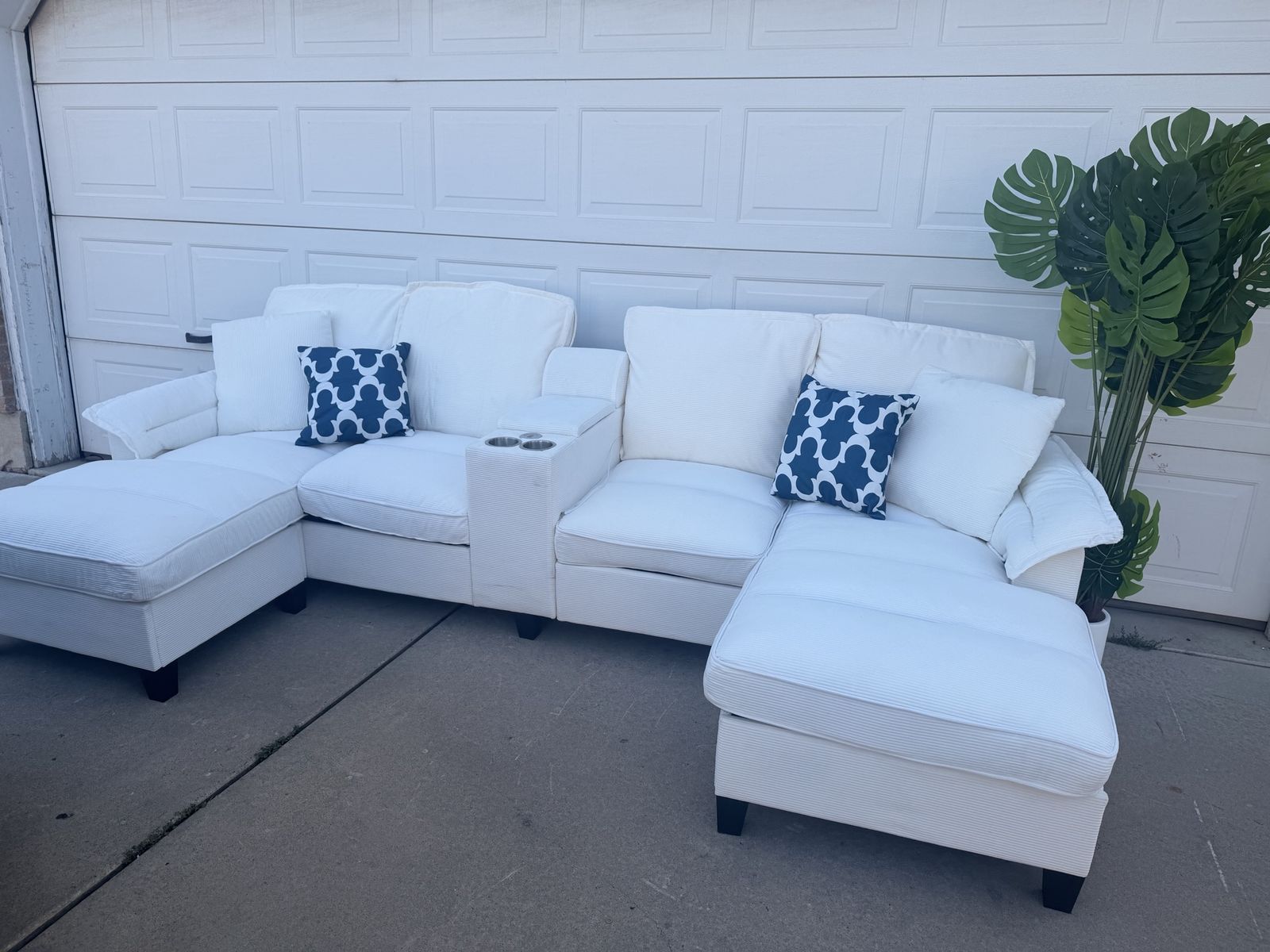 White Corduroy U-Shaped Sectional Sofa with Dual Chaises & Cup Holders