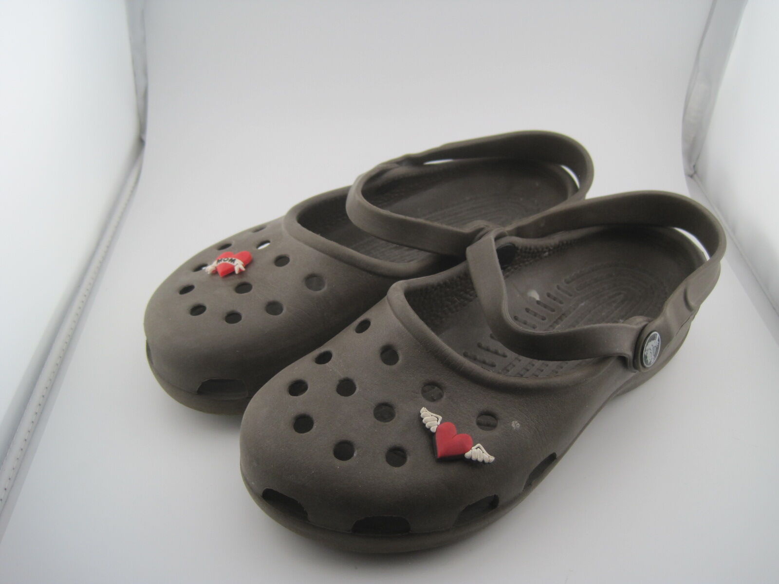 Crocs Classic Clogs Brown Color, Women's Size 7 with Mom Ribbon Heart & Wings