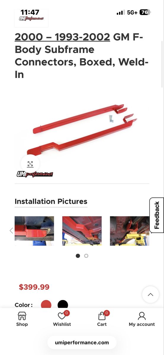 UMI Performance Weld-In Subframe Connectors for 1993-2002 GM F-Body, Red
