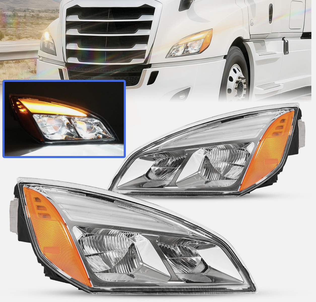 NEW For Freightliner Cascadia 2018-2025 2022 23 Full LED Chrome Headlights Headlamps