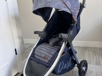 Dash Baby Stroller Navy Blue with Patterned Canopy and Brown Handle (missing tray)