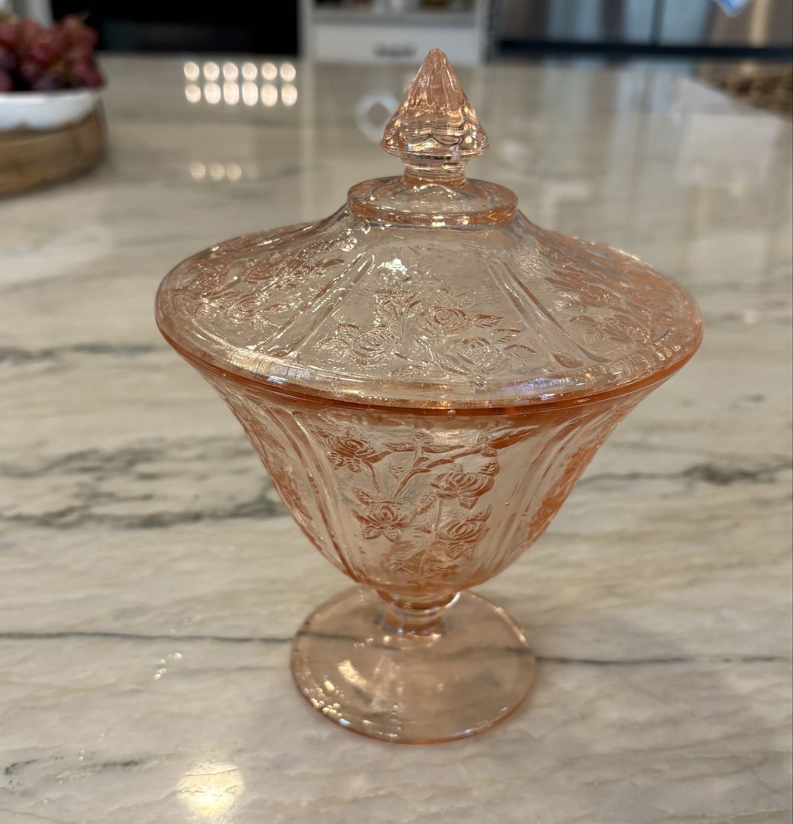Vintage 1930s Pink Depression Glass Covered Candy Dish Compote