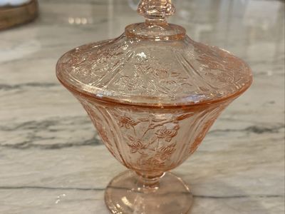Vintage 1930s Pink Depression Glass Covered Candy Dish Compote