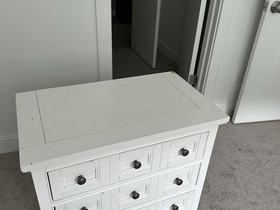 White Wood Nightstand / Small Dresser with 3 Drawers & Antique Brass Knobs