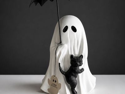 Halloween Decor - Ghost with Umbrella & Cat