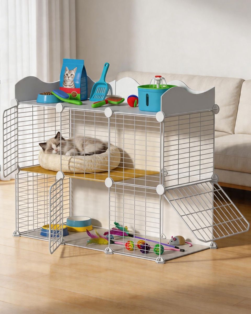 Cat Cage, DIY Cat Enclosures, 42" x 16" x 28" Cat Playpen Indoor & Outdoor with Hammock & Cat Bowl, Detachable Metal Wire Kennel