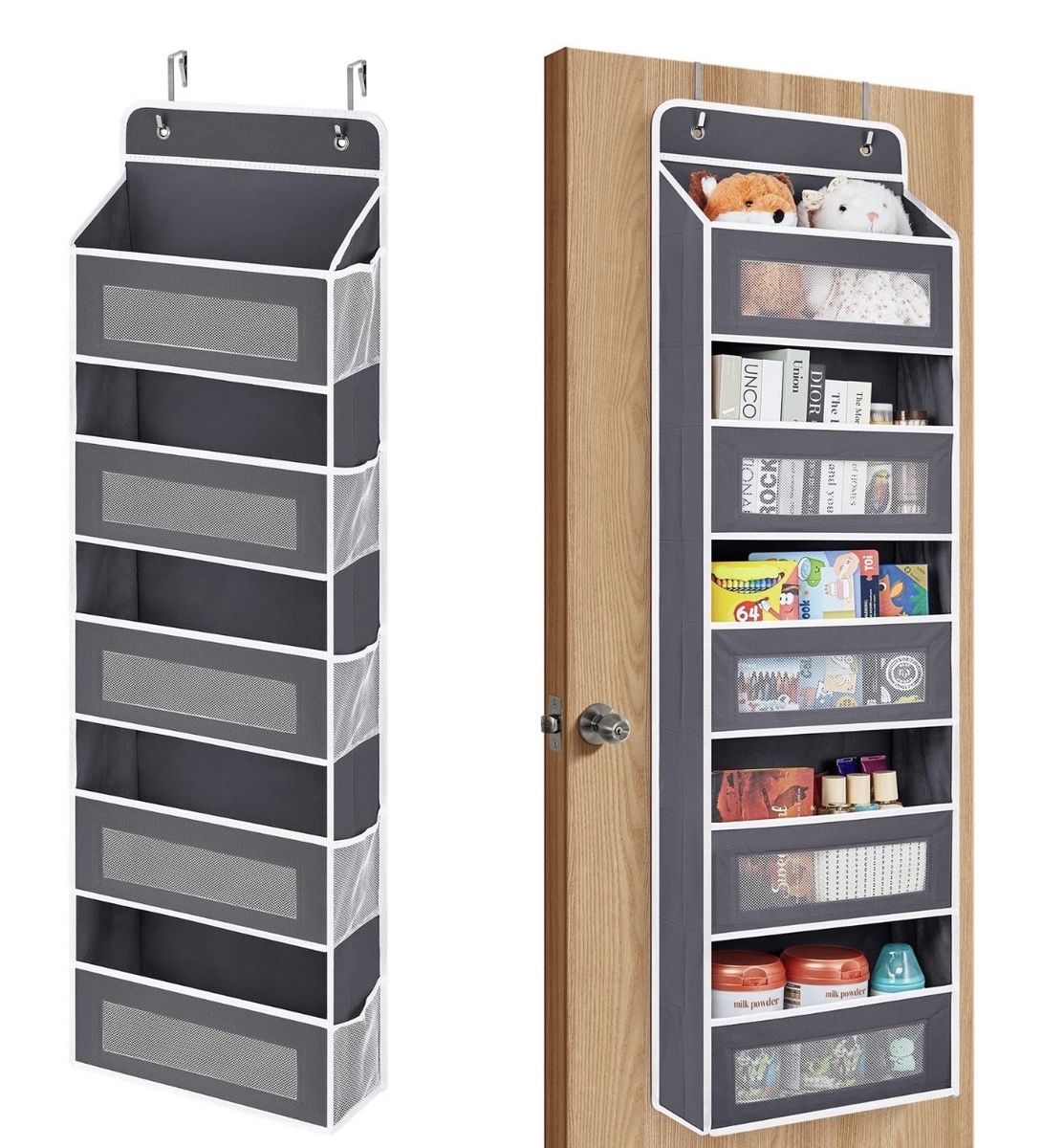 NEW Over The Door Hanging Organizer 5 Mesh Pockets Storage & 5 Side Pockets-Gray & White