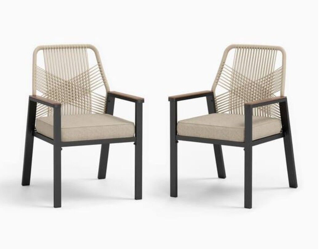 Black Metal Woven Rope Outdoor Patio Dining Chair with Beige Cushions (2-Pack) PHI VILLA PV-471