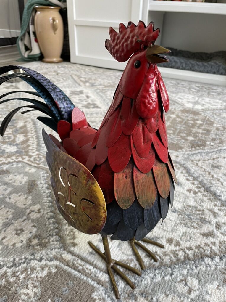 Colorful Painted Metal Crowing Rooster 16 Inch
