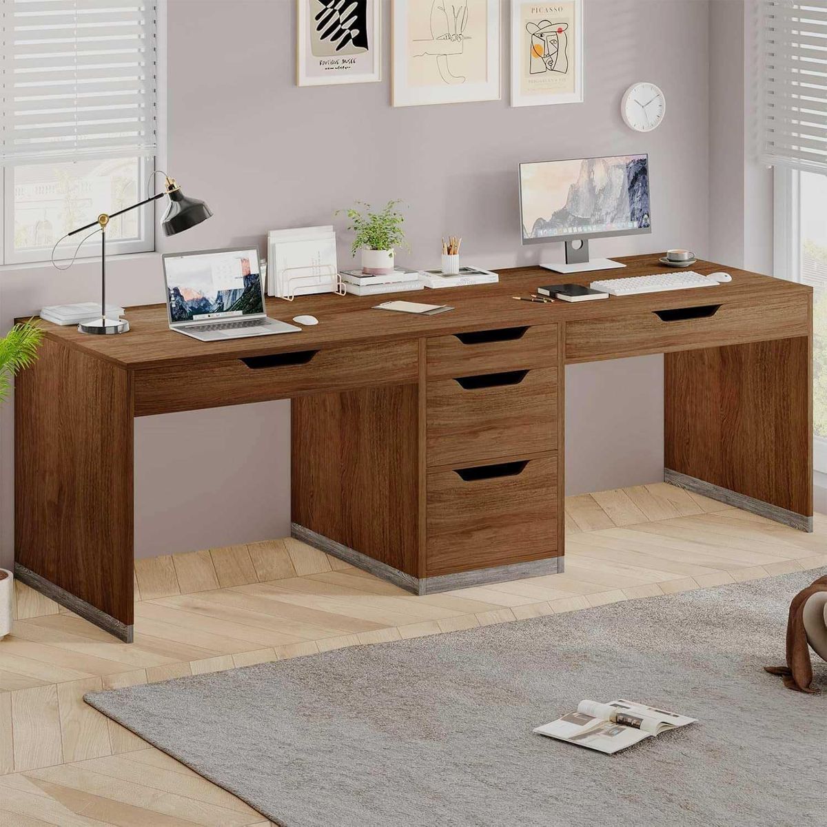 MaverickFurni Two Person Double Desk with 5 Drawers, 78x20 Inch, Brown