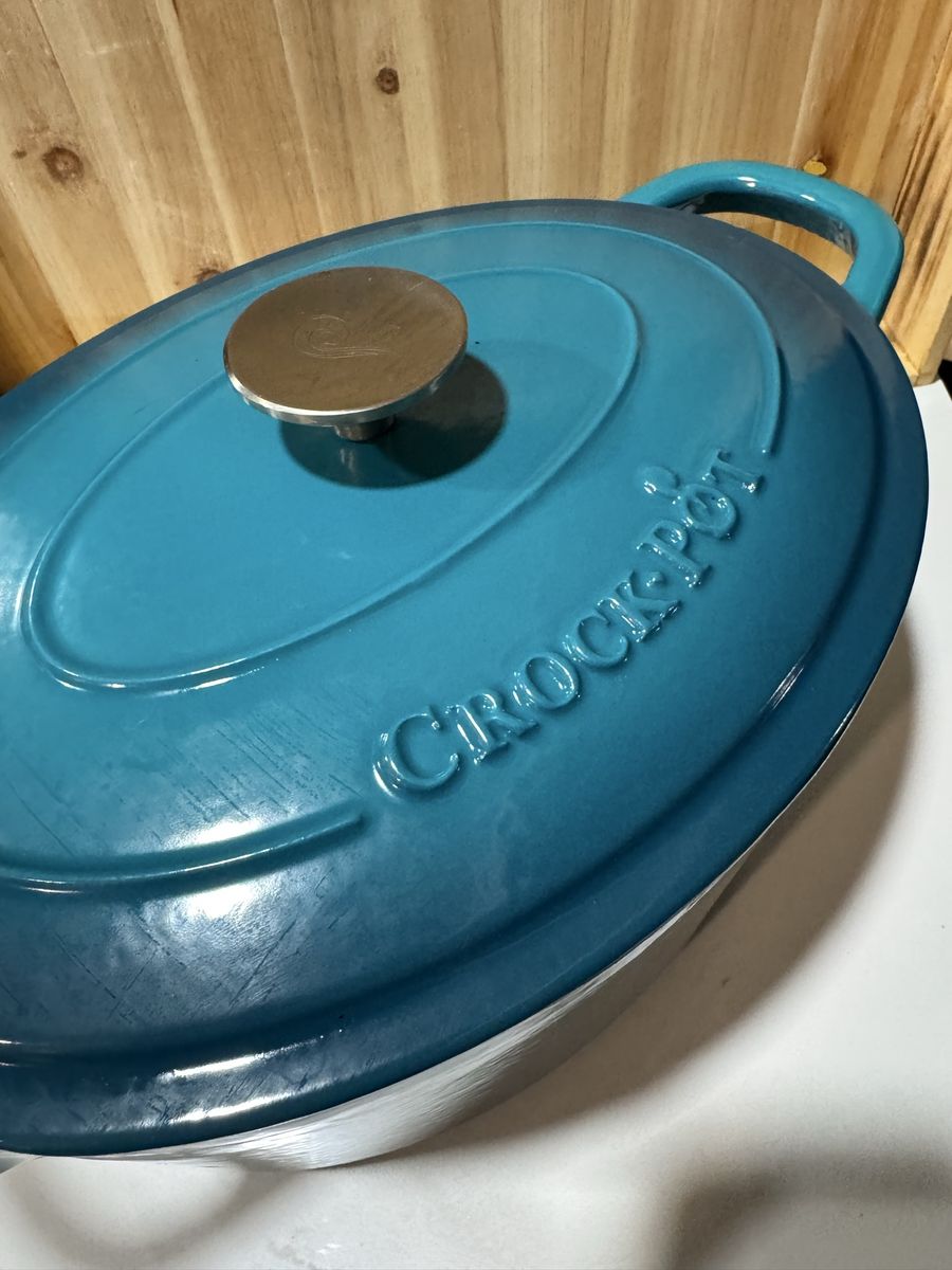 Crock-Pot Enameled 7 qt. Cast Iron Oval Dutch Oven Teal Blue with Lid - Used once - $22