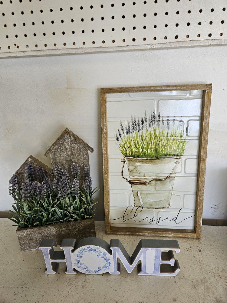 Farmhouse "Blessed" Sign, Faux Lavender Arrangement, & "HOME" Decor Set - Rustic Accent Bundle