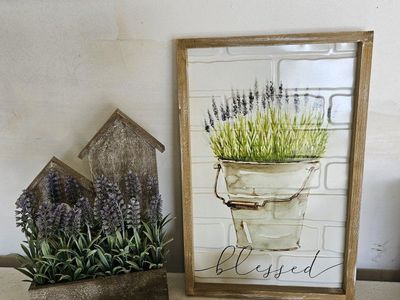 Farmhouse "Blessed" Sign, Faux Lavender Arrangement, & "HOME" Decor Set - Rustic Accent Bundle