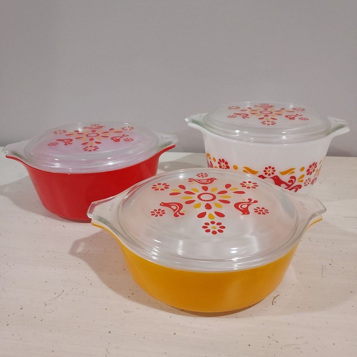 Vintage Pyrex Friendship Pattern Casserole Bowls with Lids Set of 3