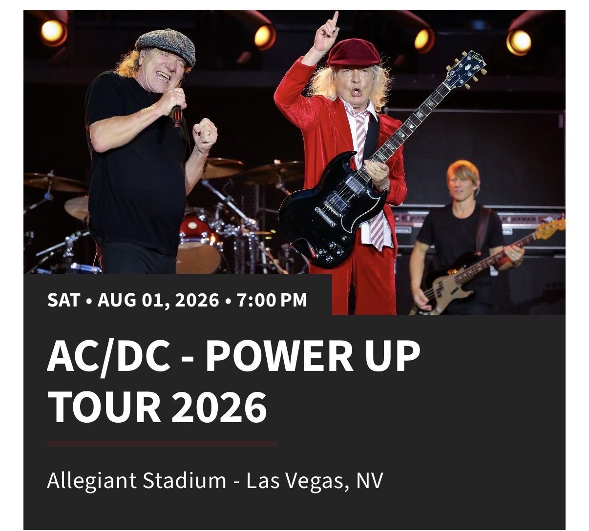 AC/DC Power Up Tour 2026 - Las Vegas - Aug 1st - Sec 315, Row 8, Seats 1-4